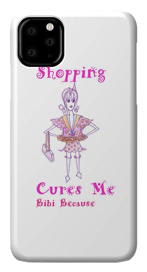 Bibi Because Shopping Cures Me iPhone 11 phone case featuring vibrant design by Sharon Tatem, impact-resistant and slim-profile.