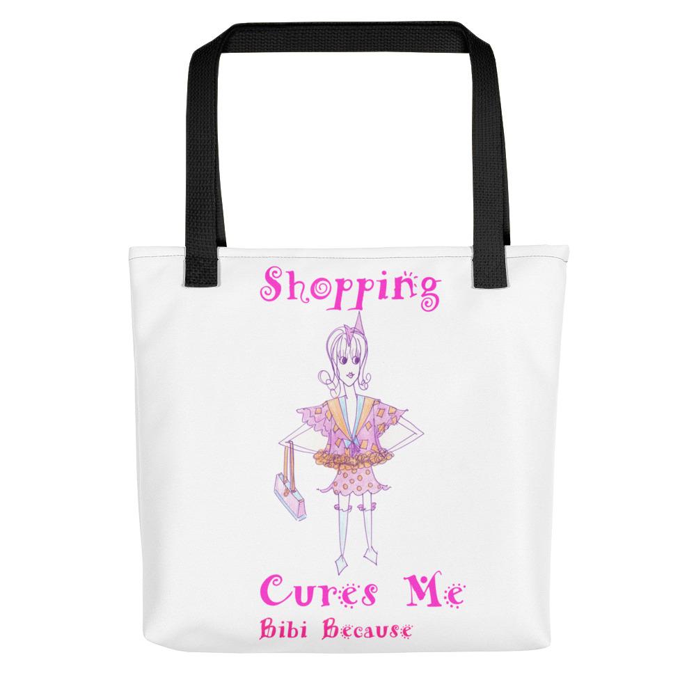 Bibi Because Shopping Cures Me Tote bag featuring a stylish design, dual cotton handles, and weather-resistant fabric.