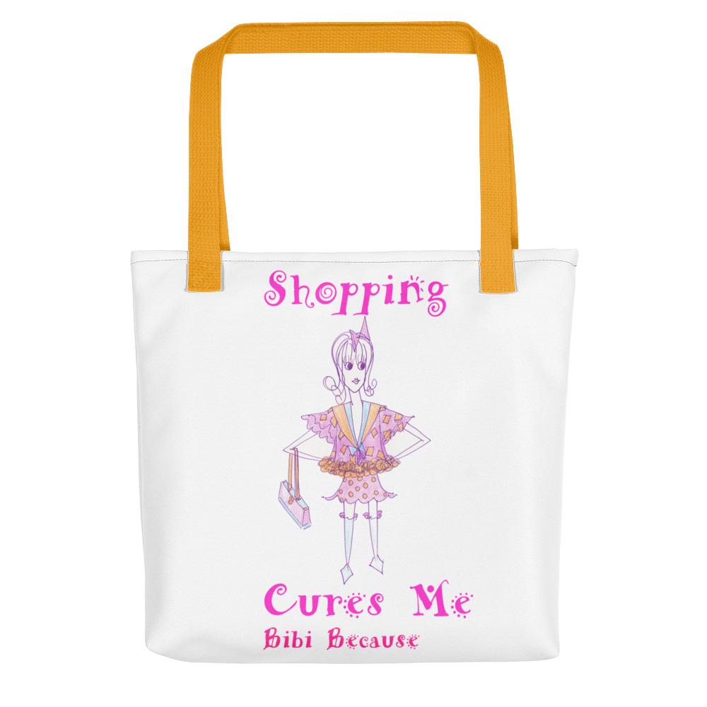 Bibi Because Shopping Cures Me Tote bag featuring a stylish design, dual cotton handles, and weather-resistant fabric.