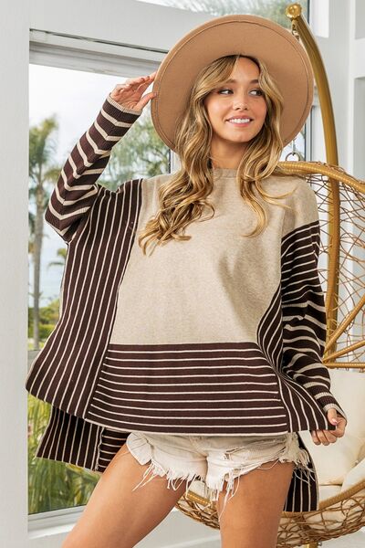 BiBi Striped Contrast Long Sleeve Slit Top featuring a unique striped design with side slits, perfect for casual or dressy occasions.