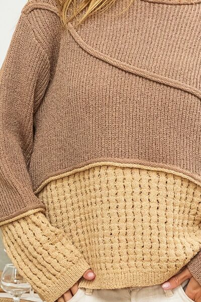 BiBi Texture Detail Contrast Drop Shoulder Sweater featuring unique texture patterns and contrasting colors, perfect for fall and winter fashion.