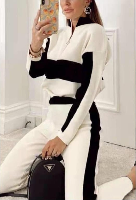 Bi-Color Combination Tracksuit Set in Cream, featuring a loose sweatshirt with zip neck and long pants with elastic waist and contrasting stripes.