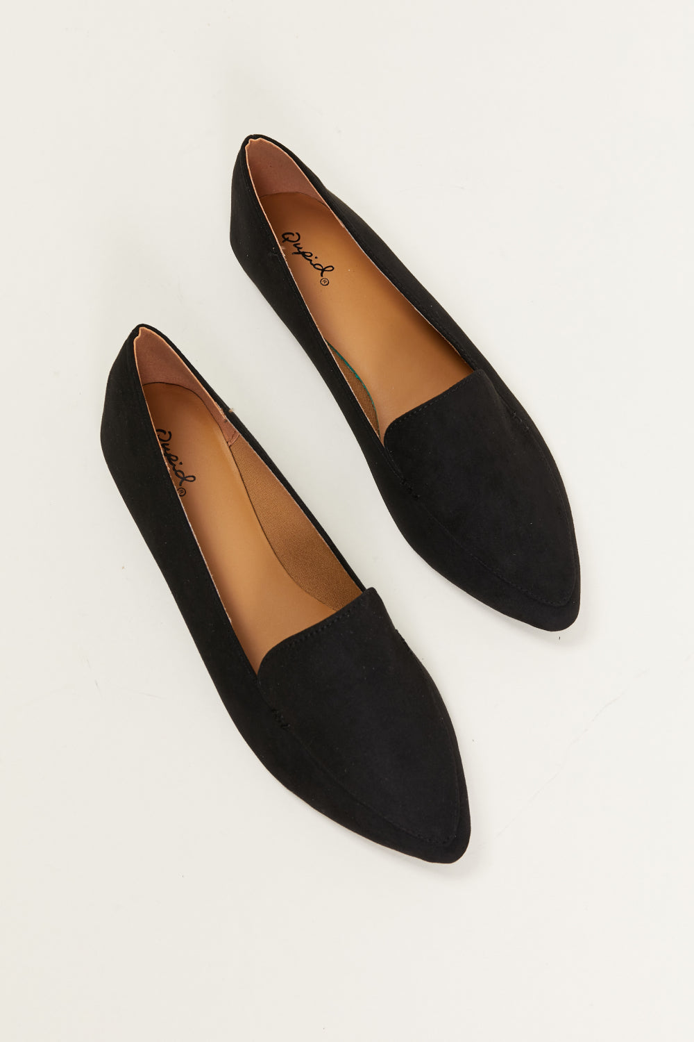 A pair of Big Dreams Ballerina Loafers in vegan suede, featuring a sophisticated point toe design, displayed in a studio flat lay.