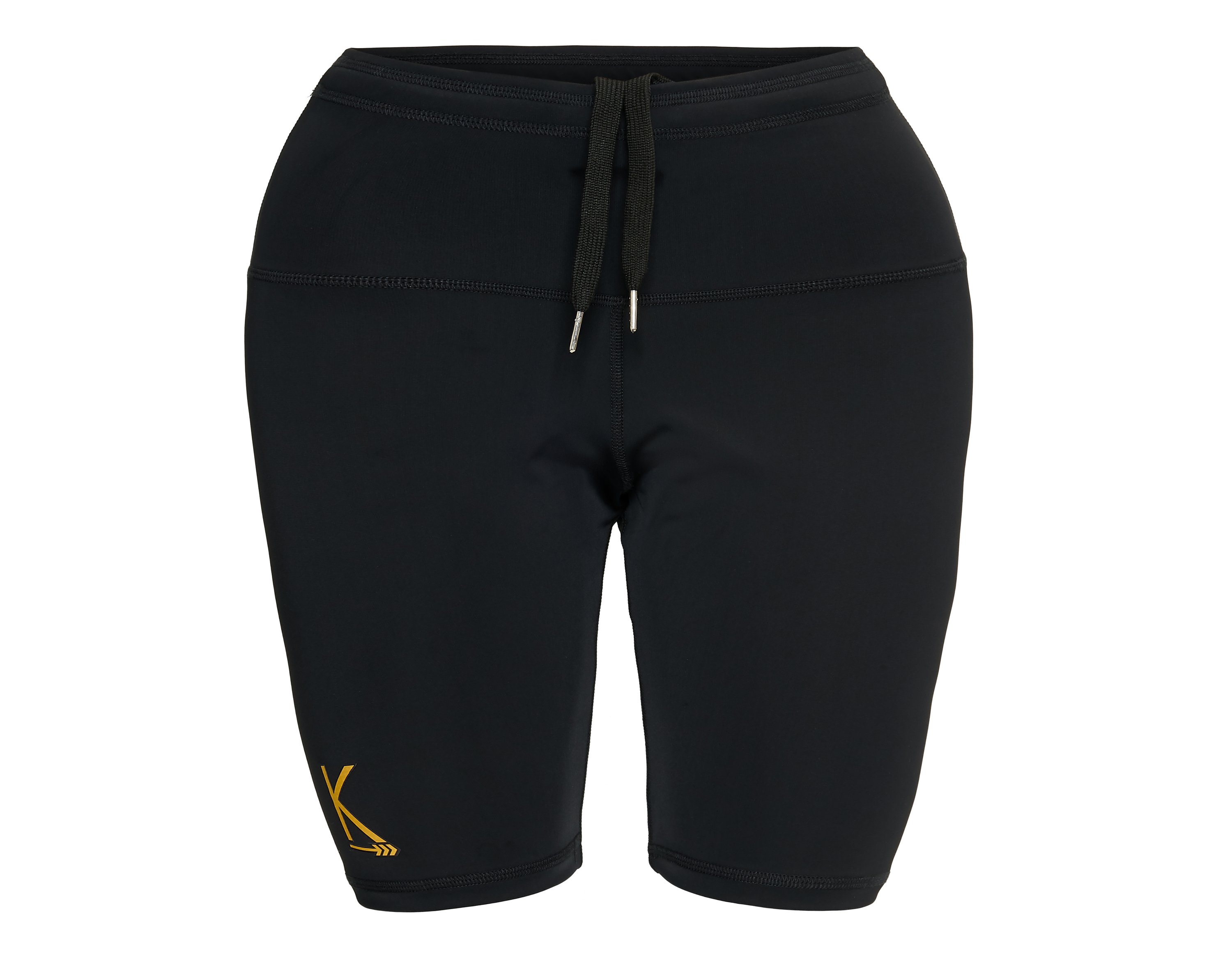 A pair of stylish black biker shorts with a high waist and drawstrings, showcasing reinforced stitching for durability.