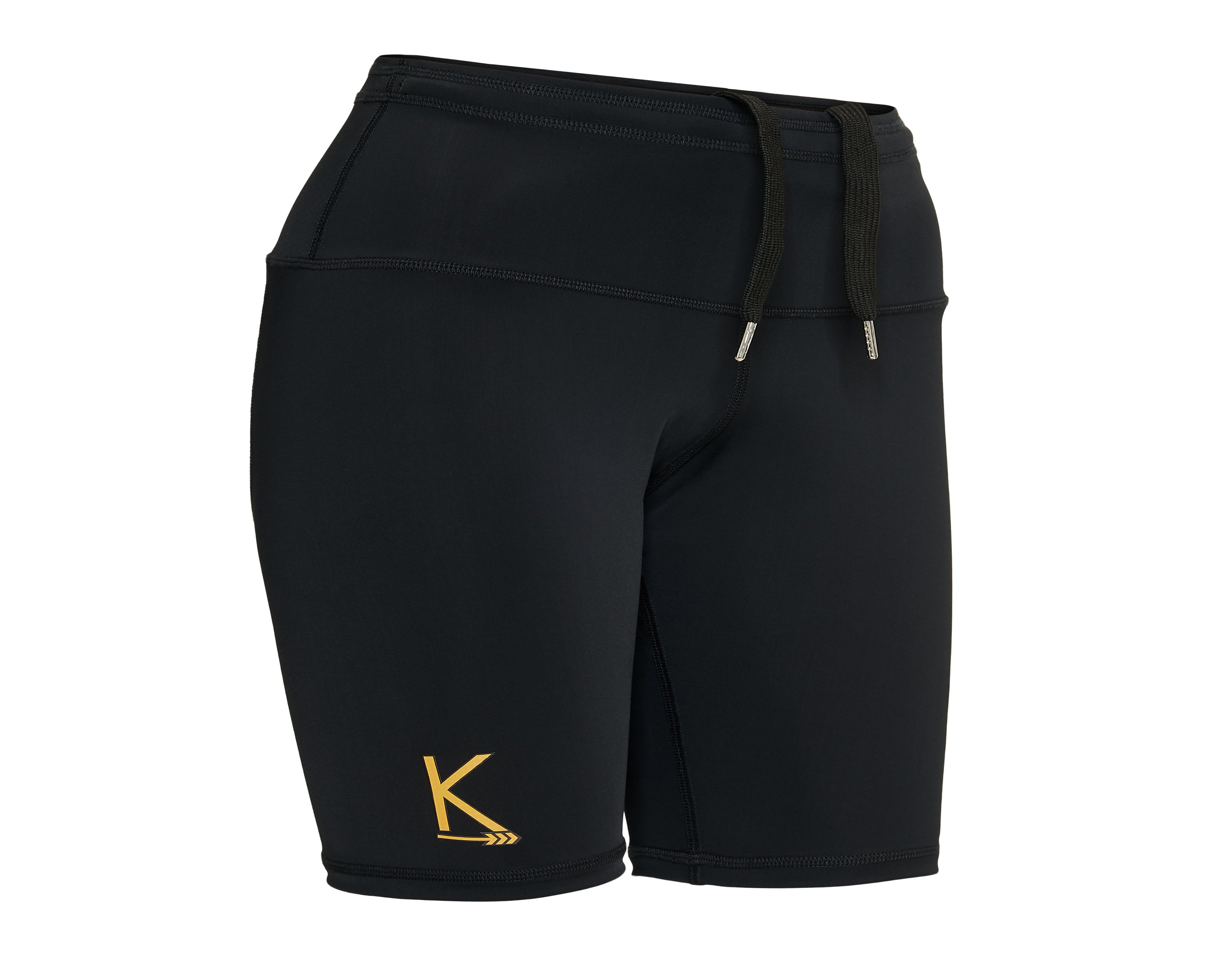 A pair of stylish black biker shorts with a high waist and drawstrings, showcasing reinforced stitching for durability.