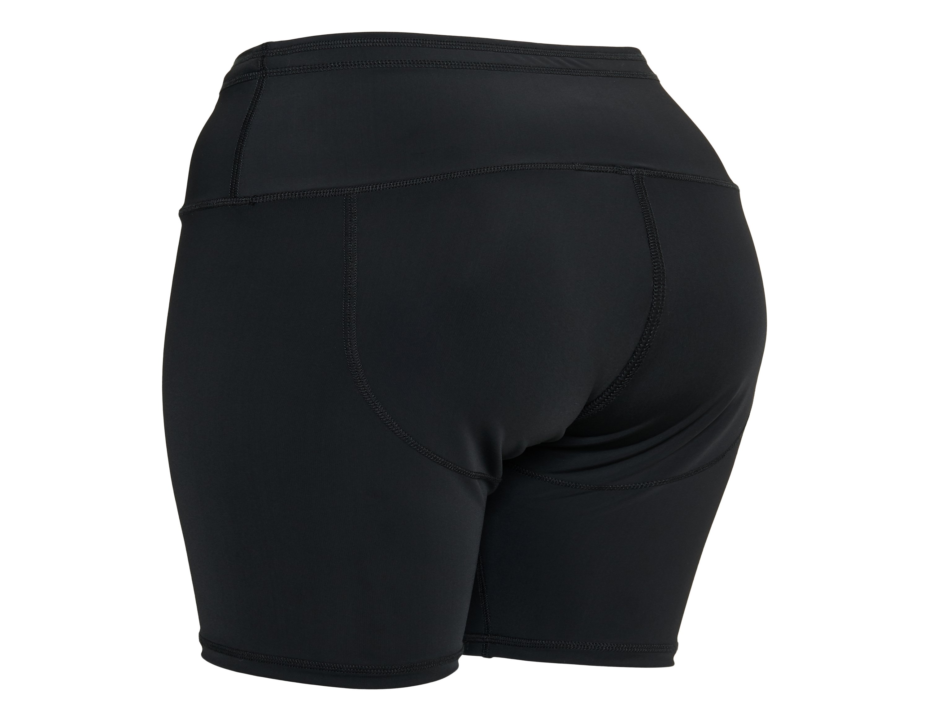 A pair of stylish black biker shorts with a high waist and drawstrings, showcasing reinforced stitching for durability.