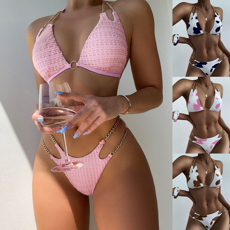 Multicolor triangle high waist bikini swimsuit with chain detailing, perfect for beachwear.