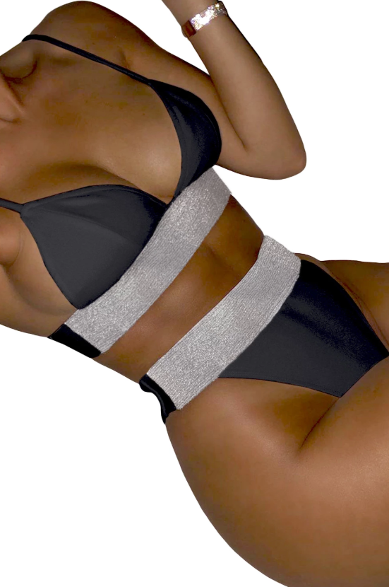 Stylish two-piece bikini with silver detailing, featuring a padded top and high-waisted bottoms.