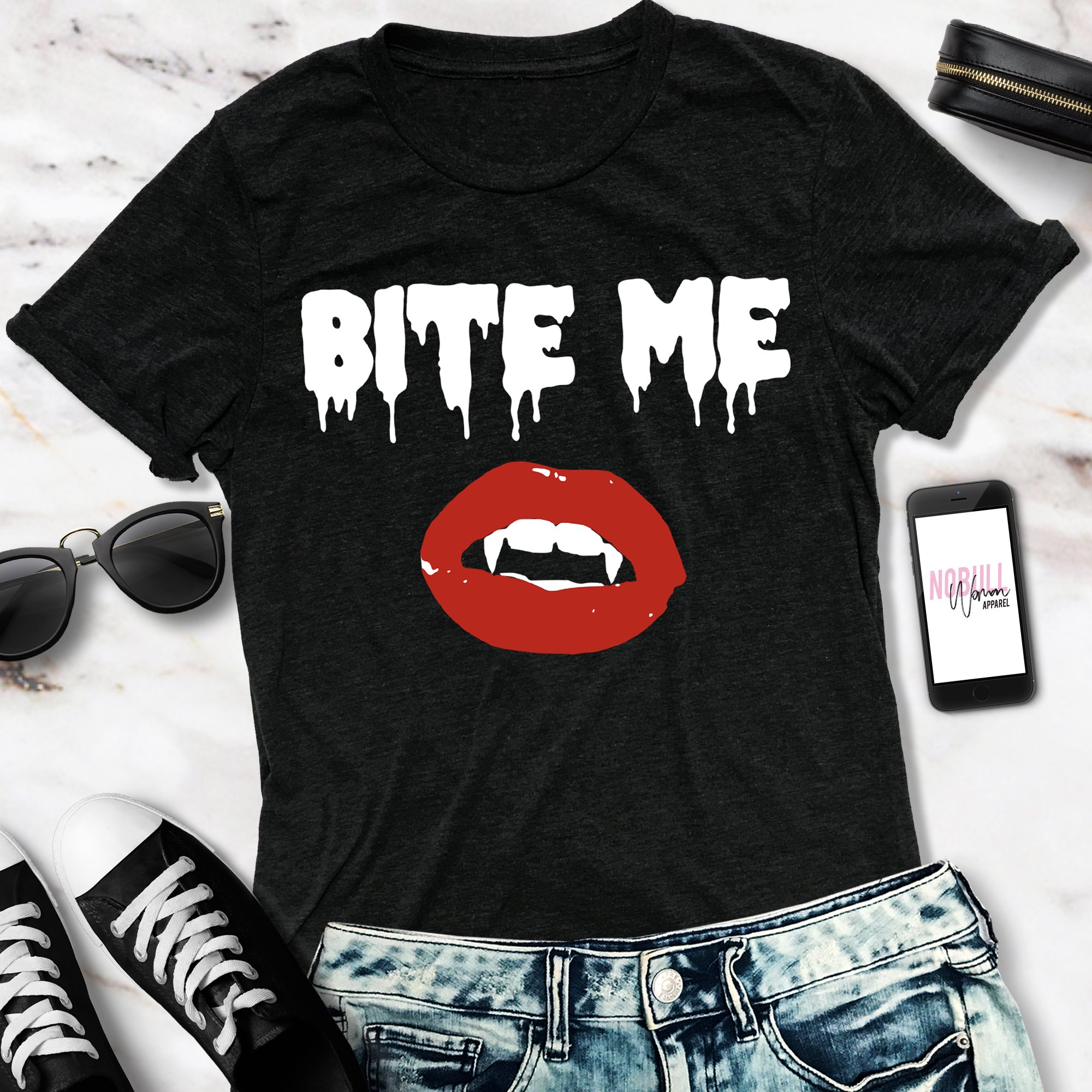 BITE ME Halloween Shirt featuring vampire lips design, available in T-shirt and crop top styles.