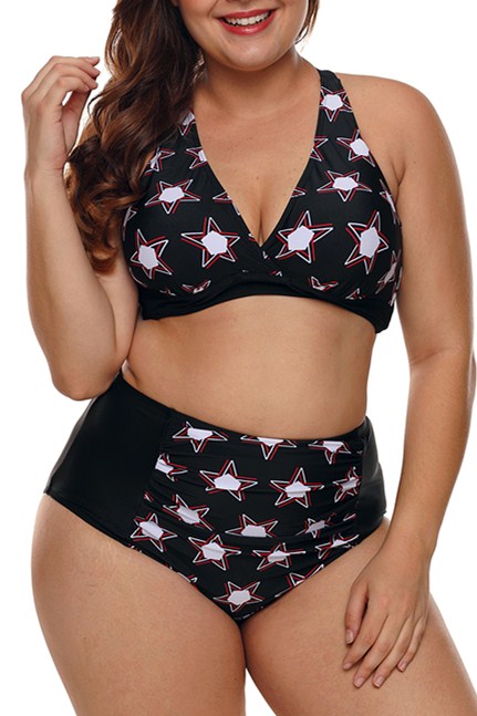 Black 2pcs Starry Plus Size High Waisted Bathing Suit featuring a stylish bikini top with adjustable straps and matching high-waisted bottoms with ruched details.