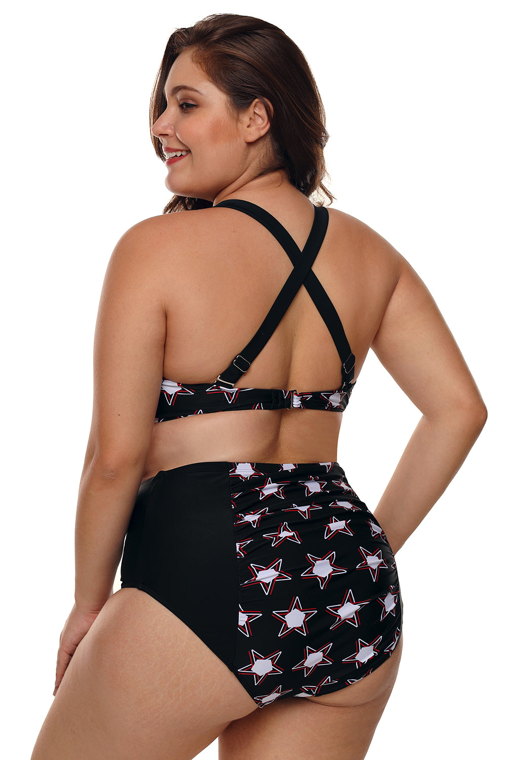 Black 2pcs Starry Plus Size High Waisted Bathing Suit featuring a stylish bikini top with adjustable straps and matching high-waisted bottoms with ruched details.