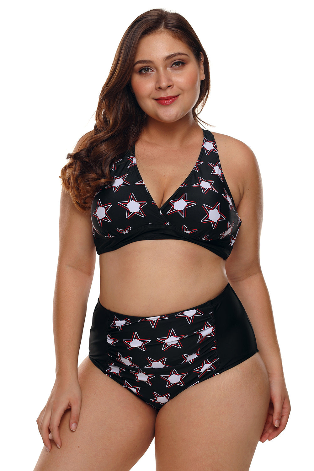 Black 2pcs Starry Plus Size High Waisted Bathing Suit featuring a stylish bikini top with adjustable straps and matching high-waisted bottoms with ruched details.