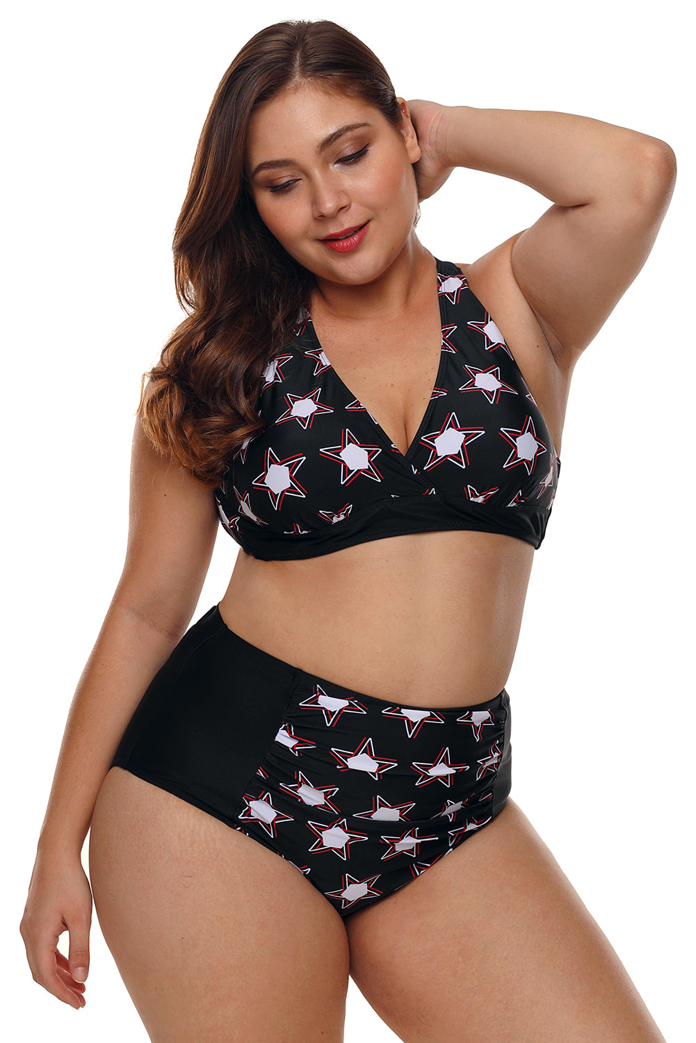 Black 2pcs Starry Plus Size High Waisted Bathing Suit featuring a stylish bikini top with adjustable straps and matching high-waisted bottoms with ruched details.