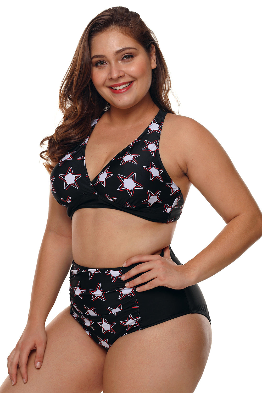 Black 2pcs Starry Plus Size High Waisted Bathing Suit featuring a stylish bikini top with adjustable straps and matching high-waisted bottoms with ruched details.