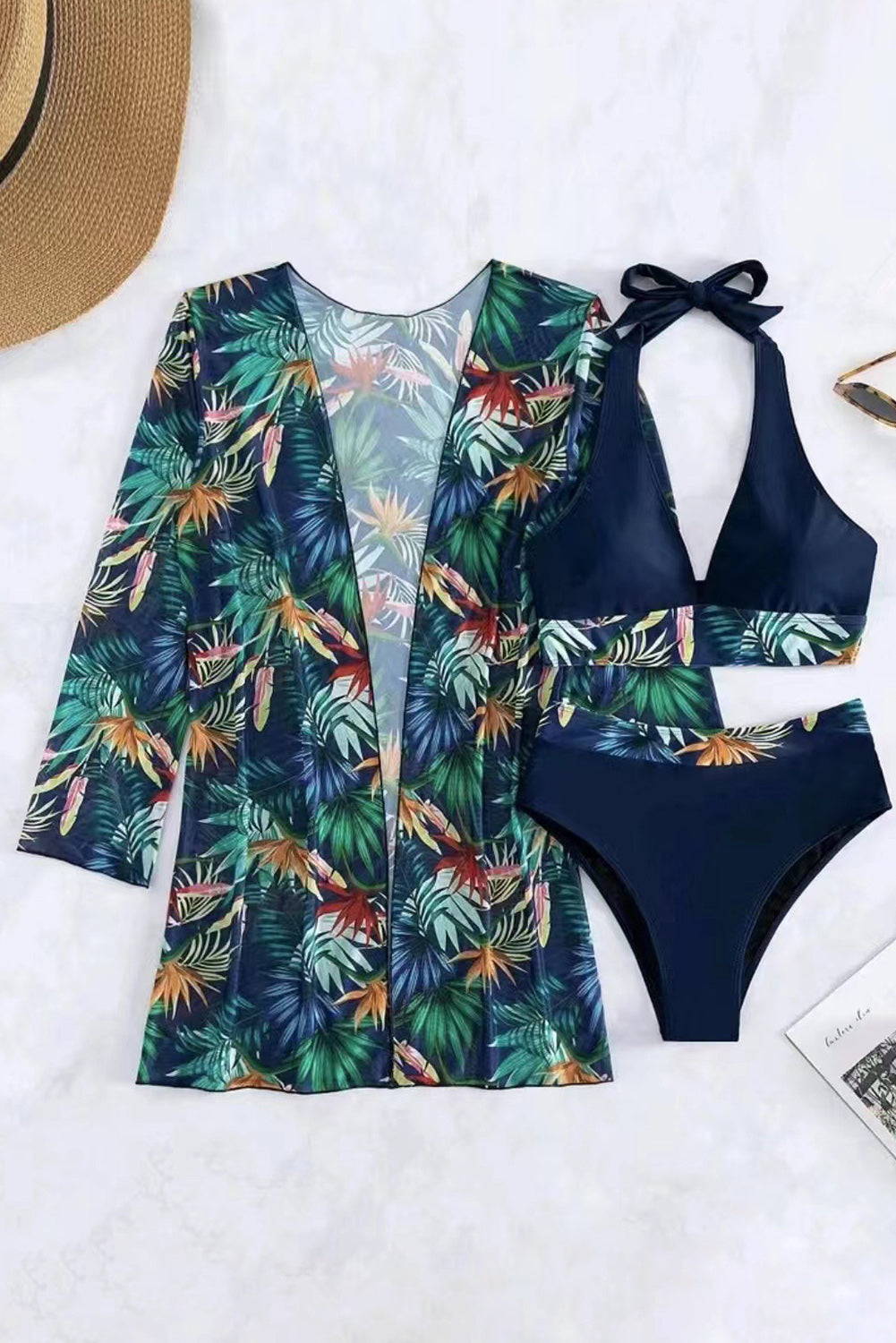 Black 3pcs Tropical Contrast Trim Halter Bikini Set with Cover Up featuring vibrant tropical print and stylish contrast trim.