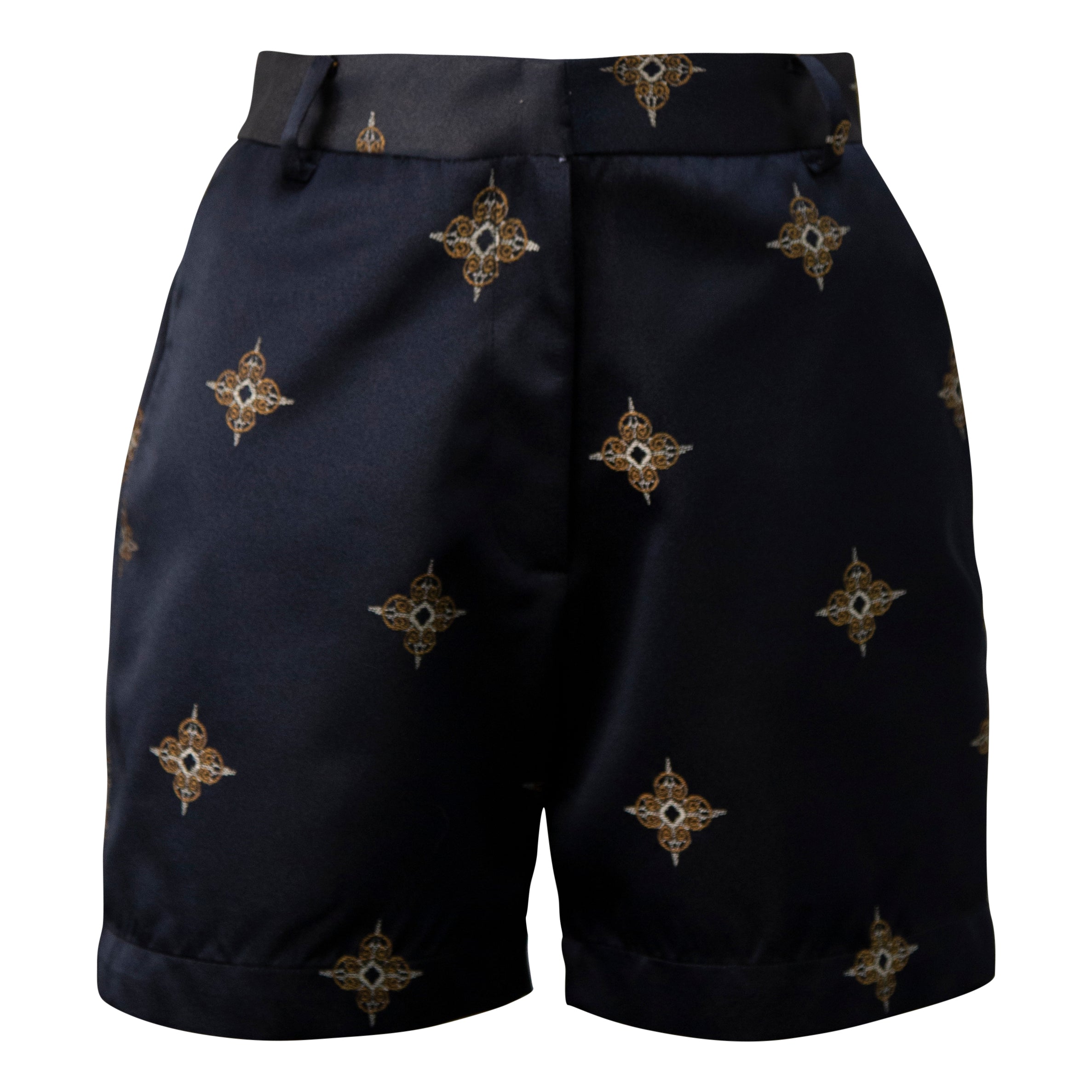 Luxury black and gold shorts from Le Reussi, showcasing elegant design and high-quality fabric.