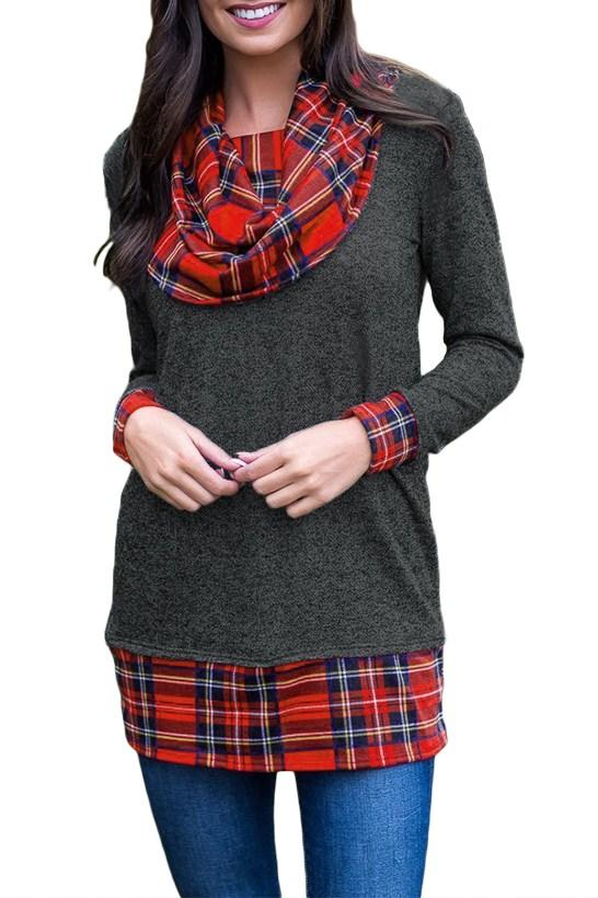 Black Autumn Wind Plaid Cowl Neck Tunic Top featuring a stylish plaid design and cowl neck, perfect for autumn and winter wear.