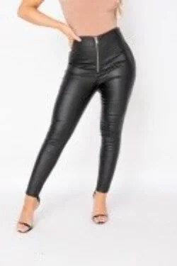 Black coated skinny trousers with exposed zip and side split hem, showcasing a sleek faux leather finish.