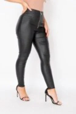 Black coated skinny trousers with exposed zip and side split hem, showcasing a sleek faux leather finish.