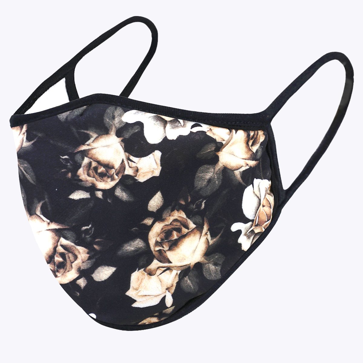 Black Floral 3-Layered Face Cover featuring a stylish floral design, made with polyester and cotton for comfort and protection.