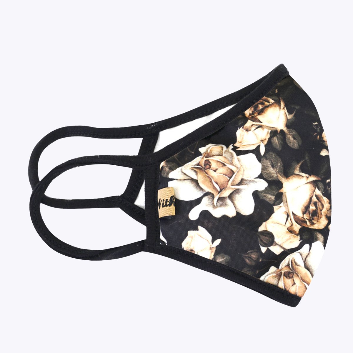 Black Floral 3-Layered Face Cover featuring a stylish floral design, made with polyester and cotton for comfort and protection.