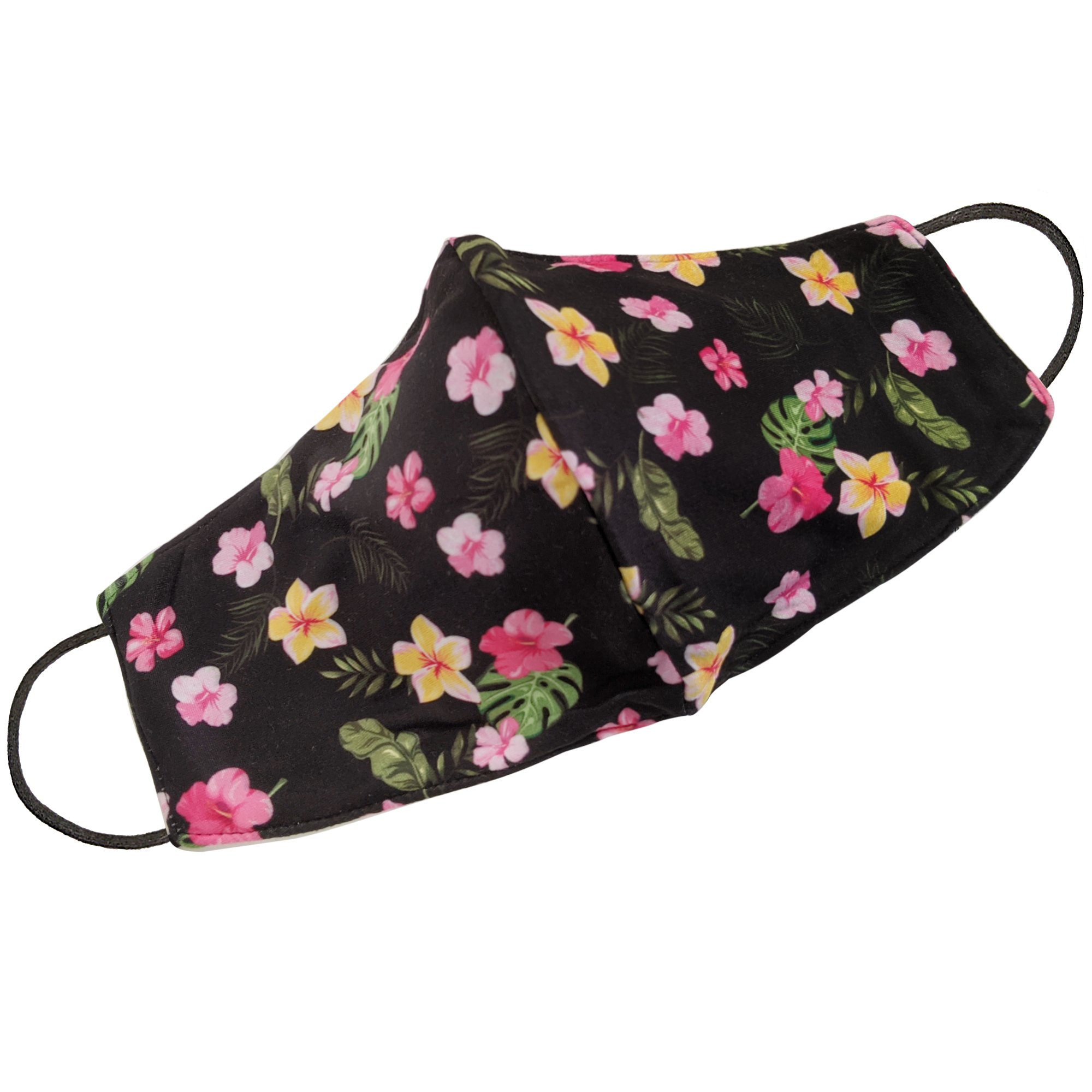 Black floral face mask with a stylish design, featuring a 3-layer construction for comfort and protection.