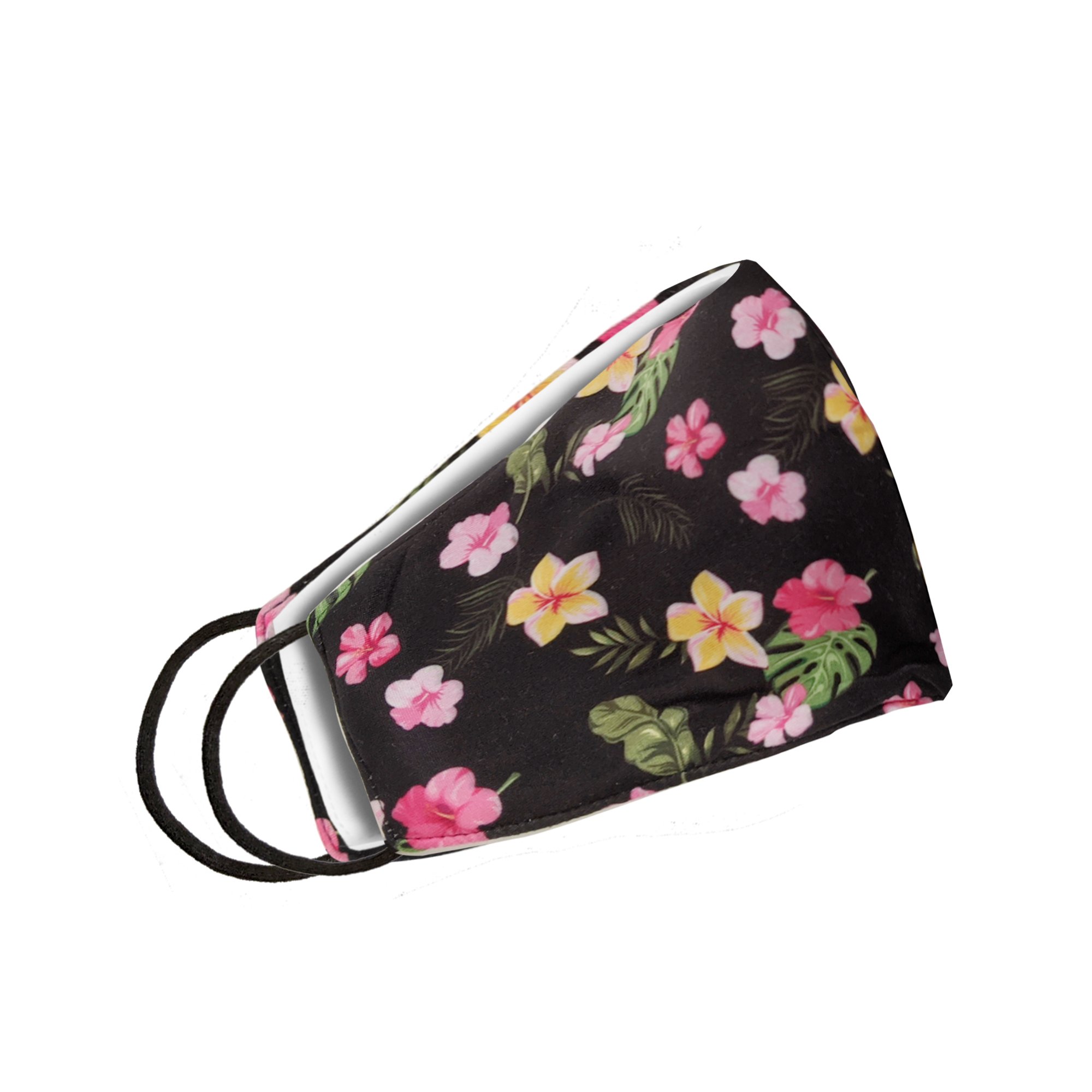 Black floral face mask with a stylish design, featuring a 3-layer construction for comfort and protection.