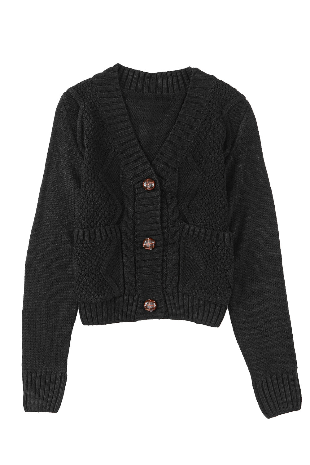 A stylish black cardigan with front pockets and button closure, featuring a textured design, perfect for layering over outfits.