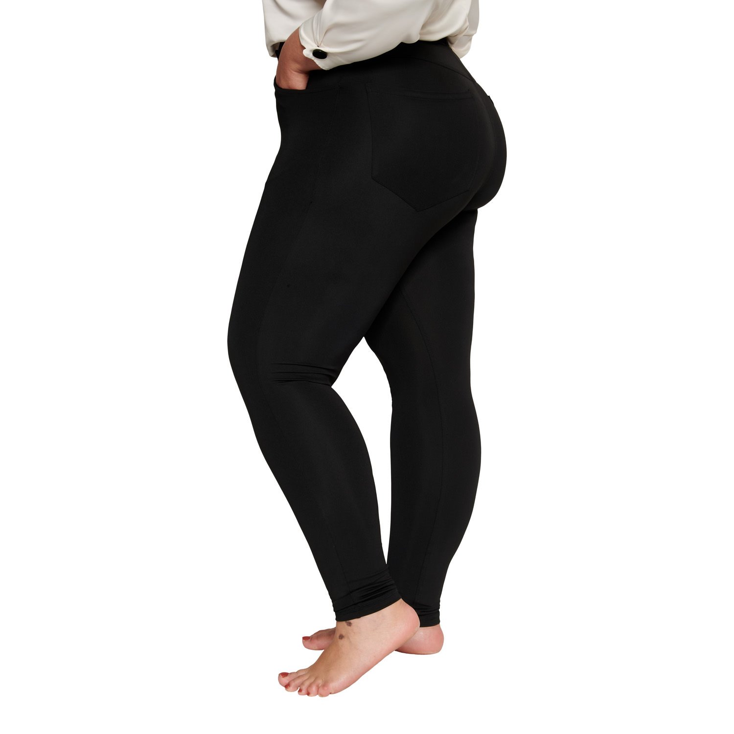 A pair of stylish black jeggings featuring a high waist, four pockets, and a strong zipper, perfect for versatile outfits.