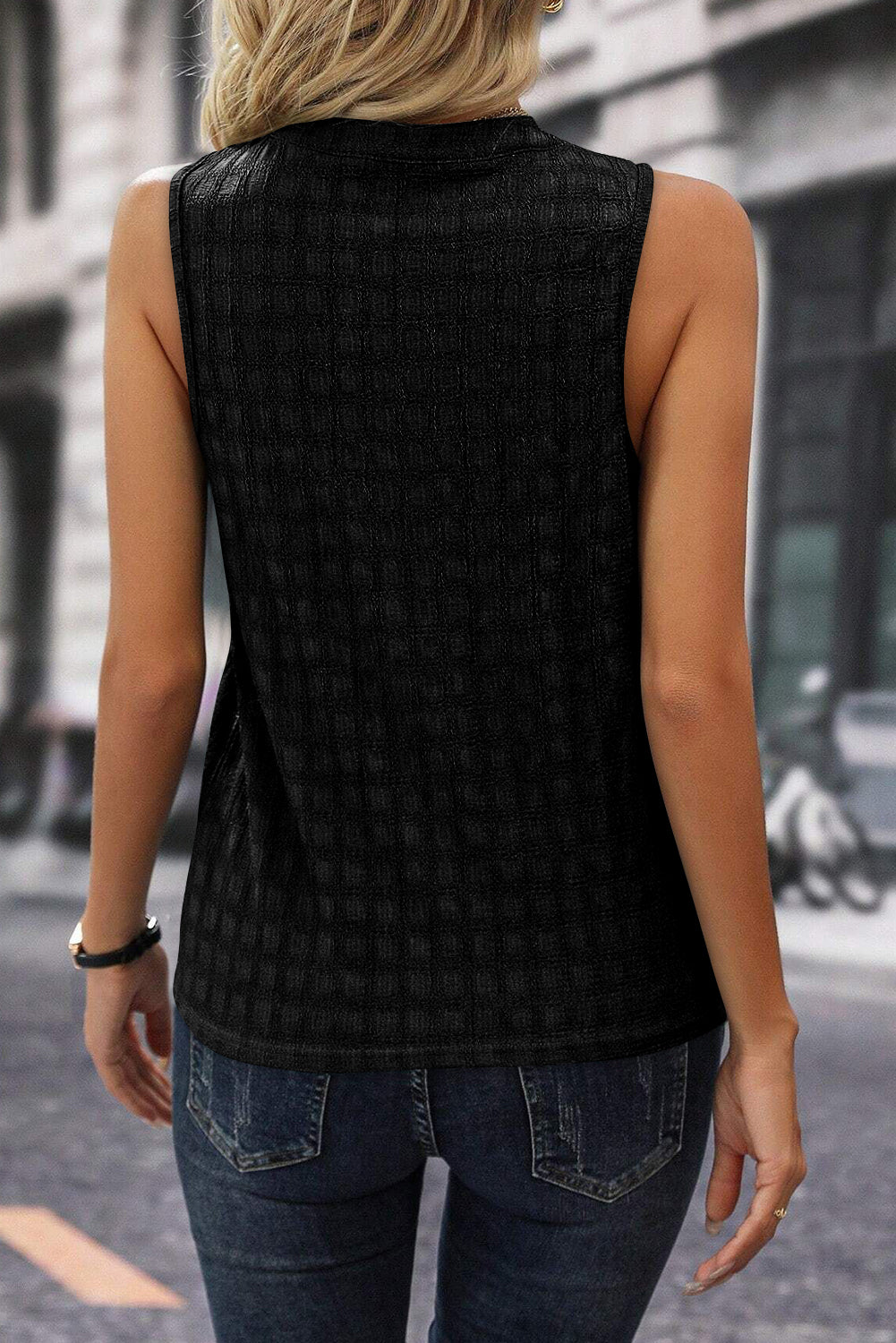 Black Lattice Textured Split Neck Tank Top showcasing elegant design and stylish split neck.