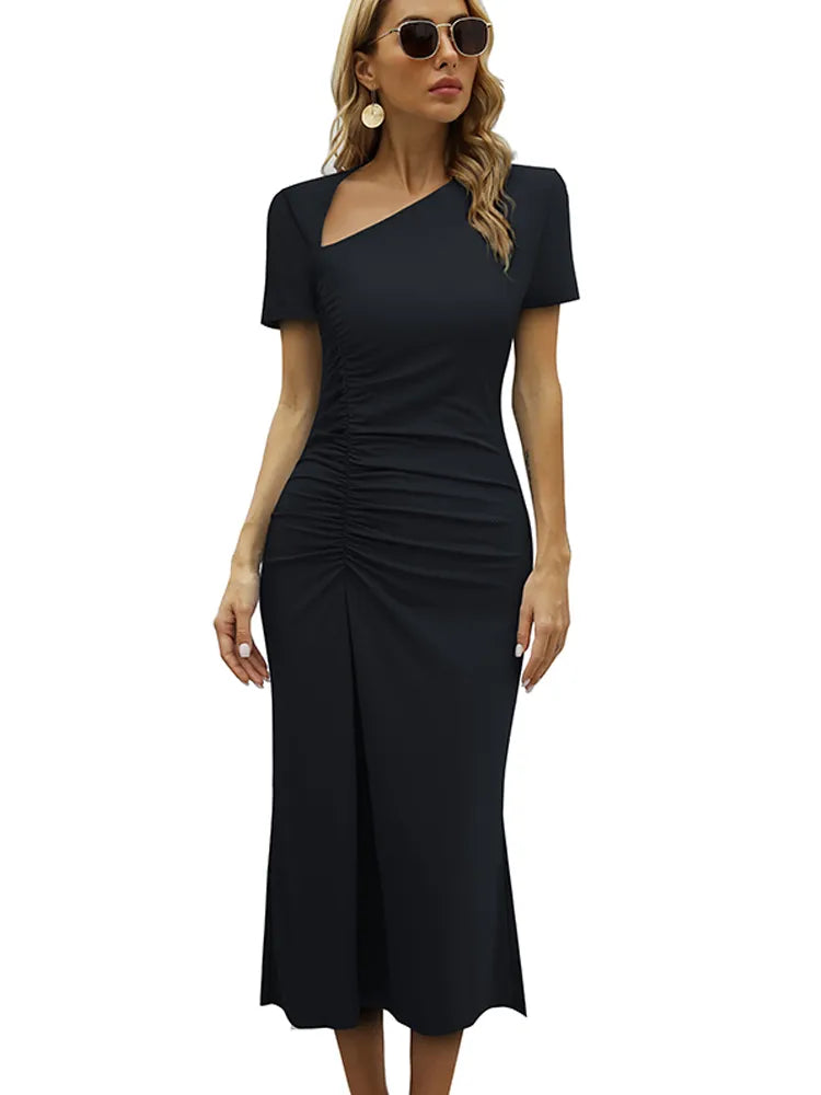 A stunning black mermaid dress featuring a trumpet silhouette, asymmetrical neckline, and elegant button detailing, perfect for formal occasions.