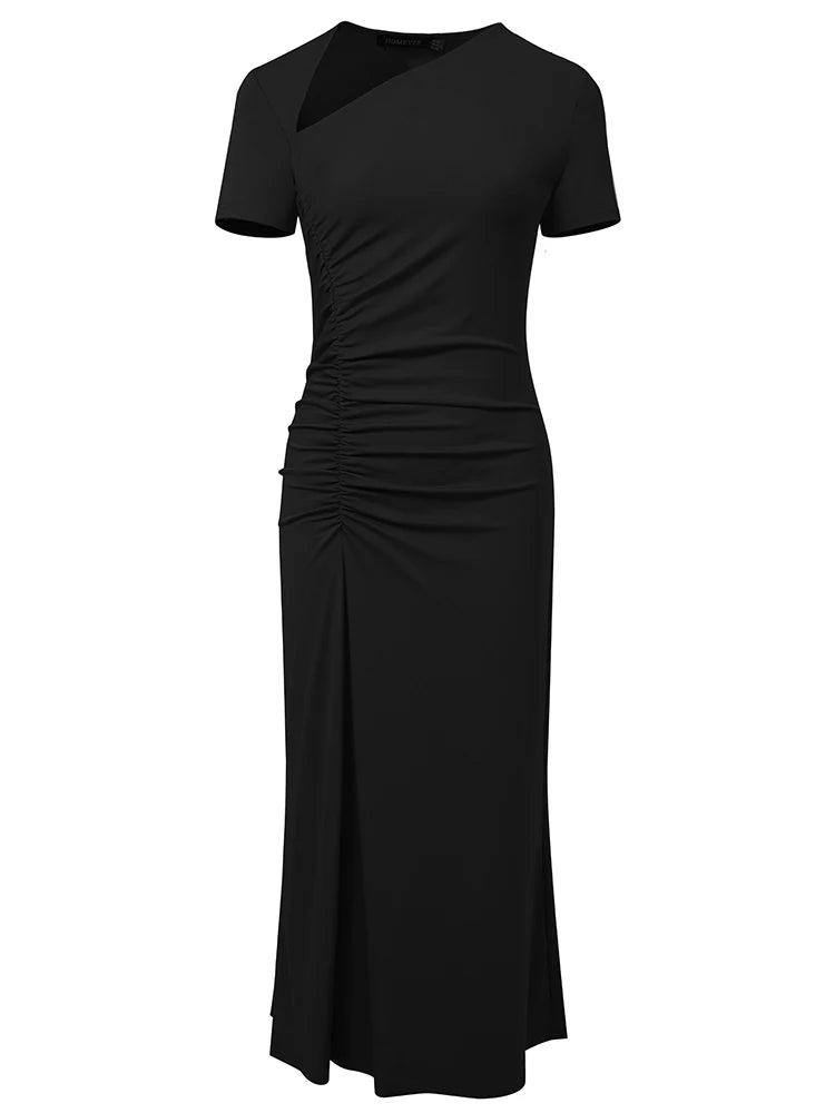 A stunning black mermaid dress featuring a trumpet silhouette, asymmetrical neckline, and elegant button detailing, perfect for formal occasions.