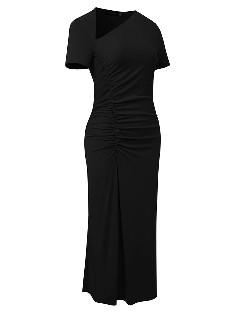 A stunning black mermaid dress featuring a trumpet silhouette, asymmetrical neckline, and elegant button detailing, perfect for formal occasions.