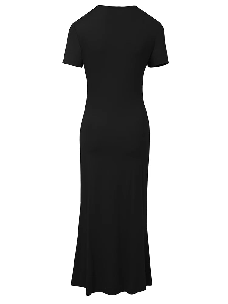 A stunning black mermaid dress featuring a trumpet silhouette, asymmetrical neckline, and elegant button detailing, perfect for formal occasions.