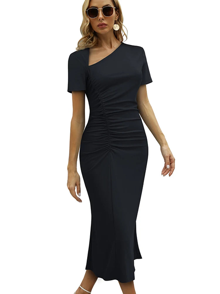 A stunning black mermaid dress featuring a trumpet silhouette, asymmetrical neckline, and elegant button detailing, perfect for formal occasions.