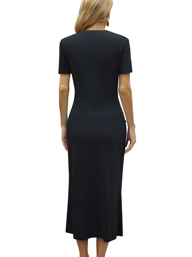 A stunning black mermaid dress featuring a trumpet silhouette, asymmetrical neckline, and elegant button detailing, perfect for formal occasions.