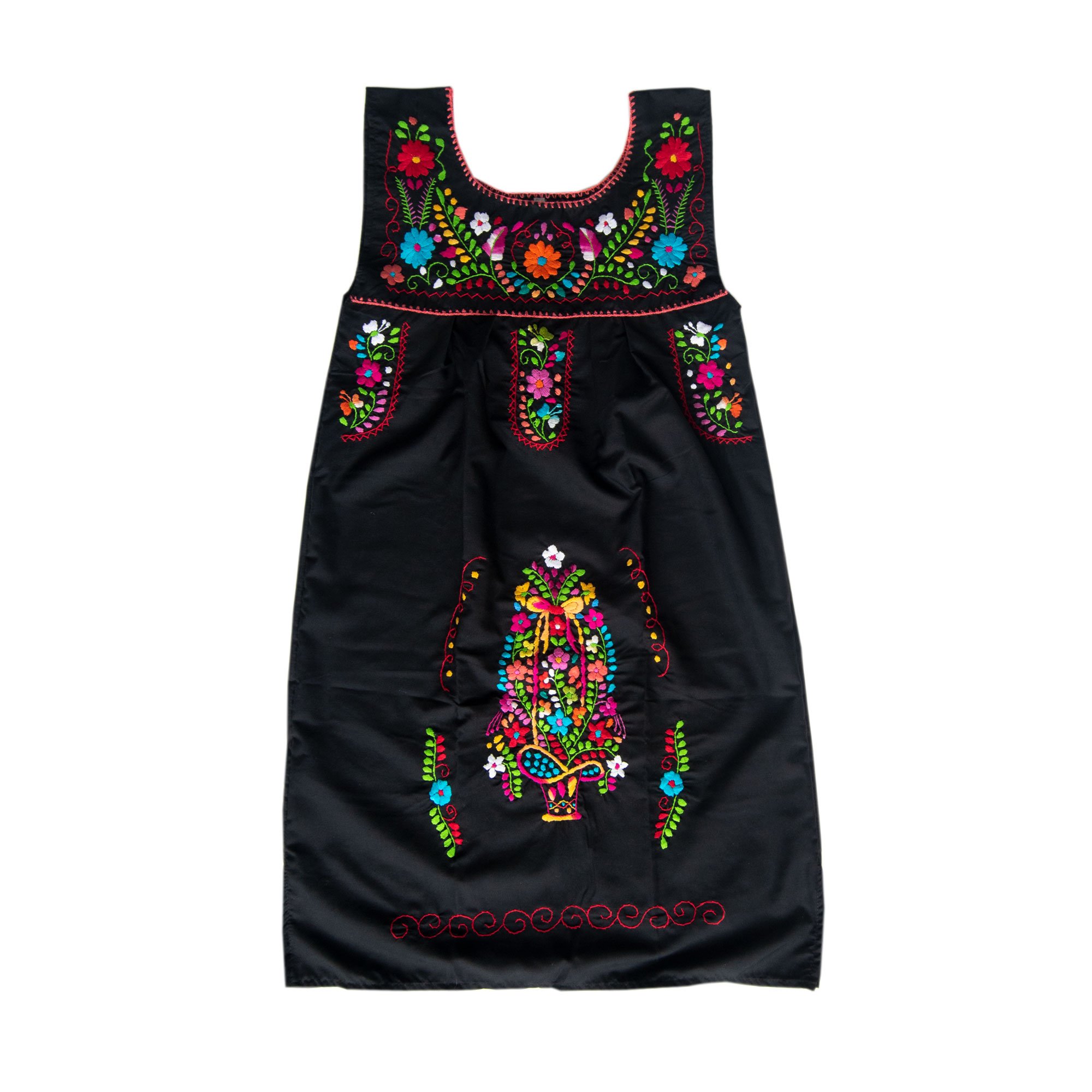 A beautiful Black Mexican Dress adorned with vibrant multicolored flowers, showcasing intricate hand embroidery.