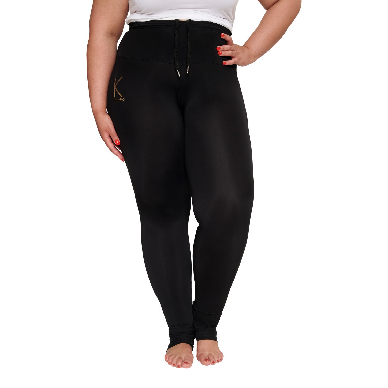 Black Pearl leggings featuring a high waist, sculpting fabric, and drawstring for adjustable fit, designed for comfort and style.