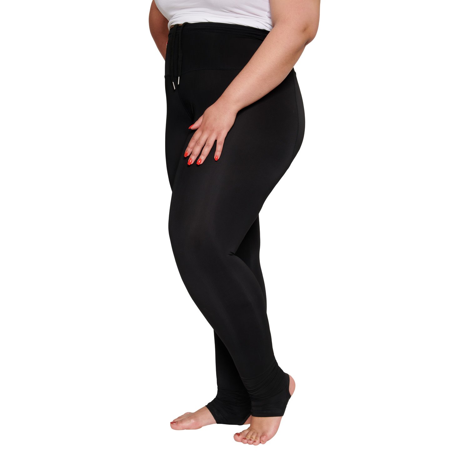 Black Pearl leggings featuring a high waist, sculpting fabric, and drawstring for adjustable fit, designed for comfort and style.