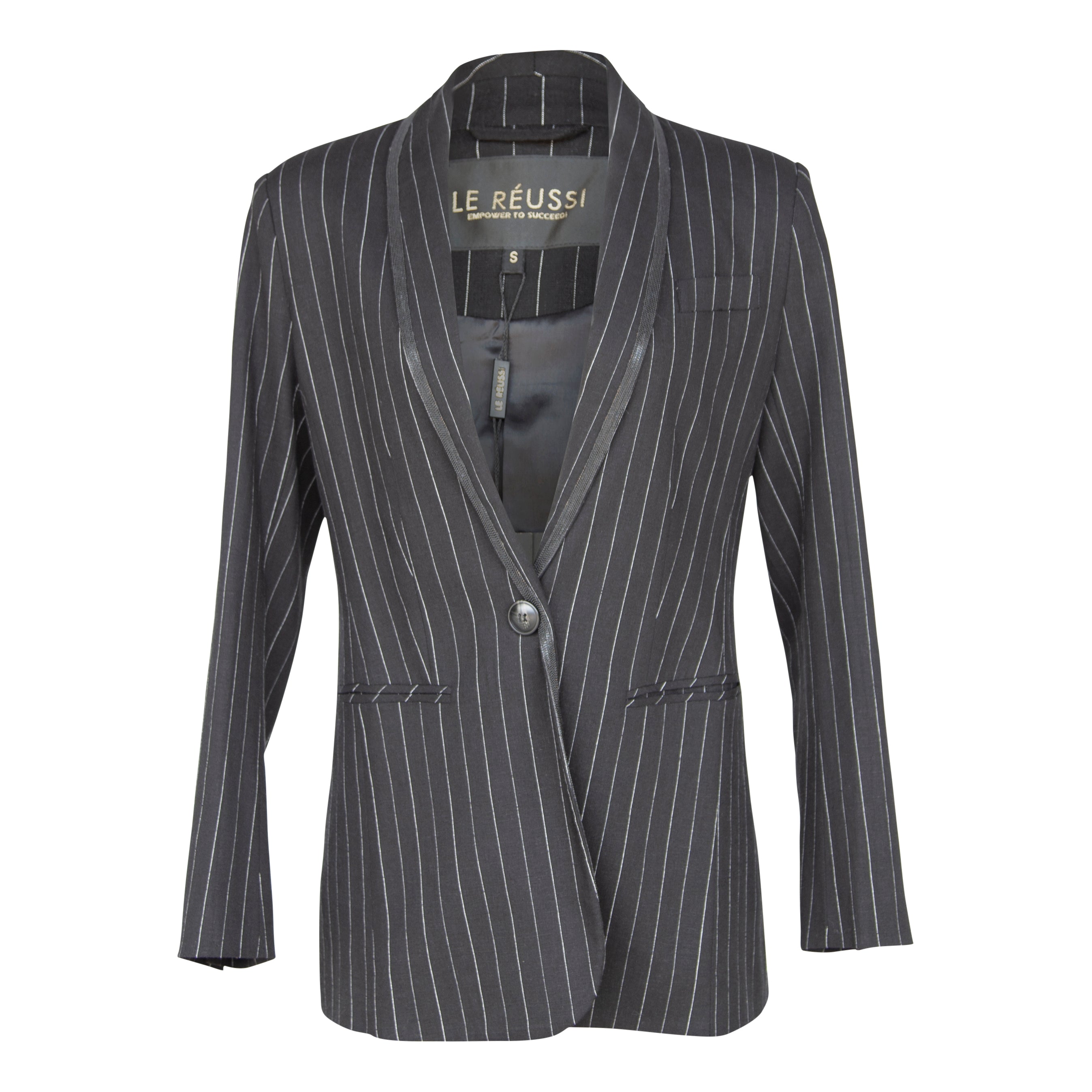 A stylish black blazer with white pinstripes, featuring designed lapels and a single button closure, perfect for professional and casual wear.