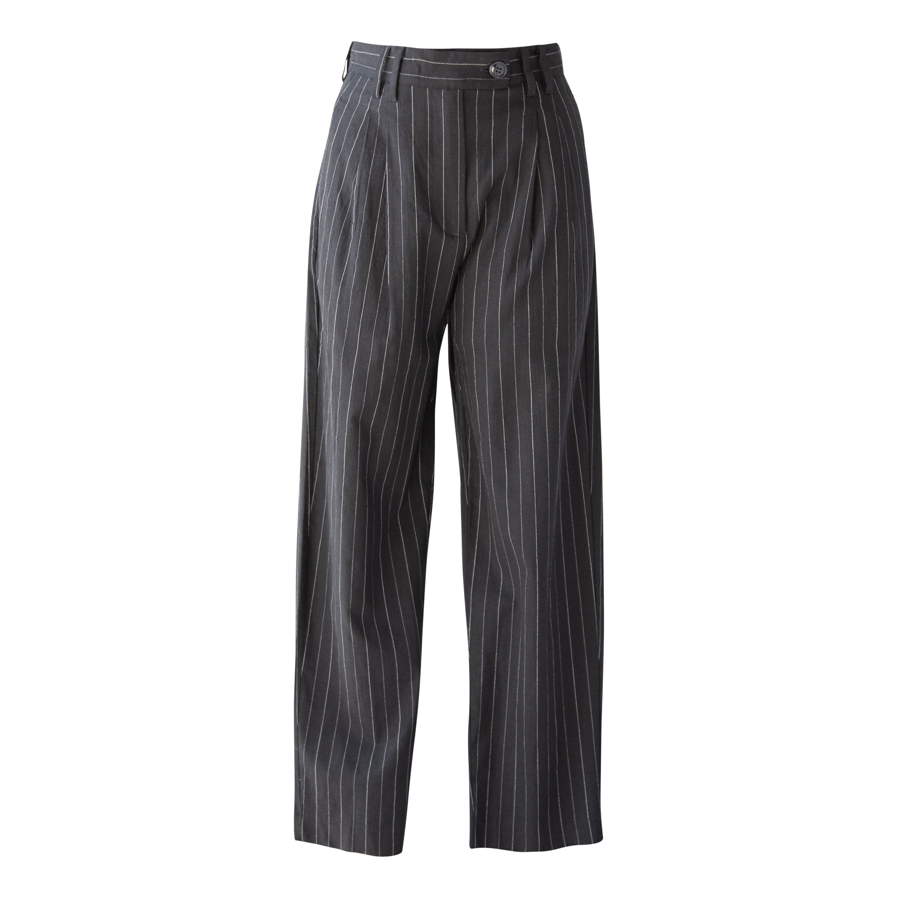 Black pinstripes suit pants with a high-rise waist and slim-straight leg, featuring white stripes on a black background.