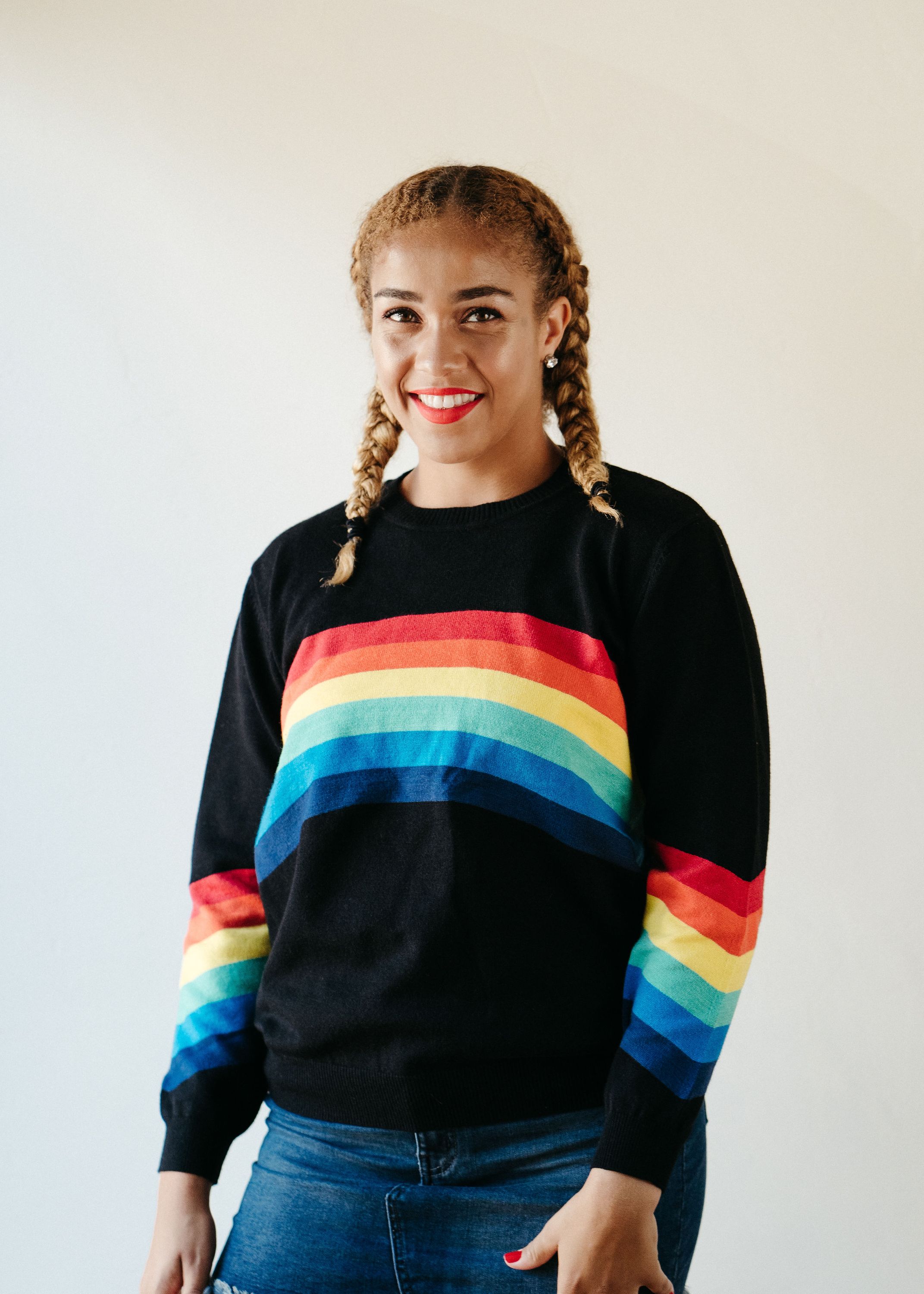 A stylish Black Rainbow Sweater featuring a soft fabric blend, perfect for winter layering and casual outings.