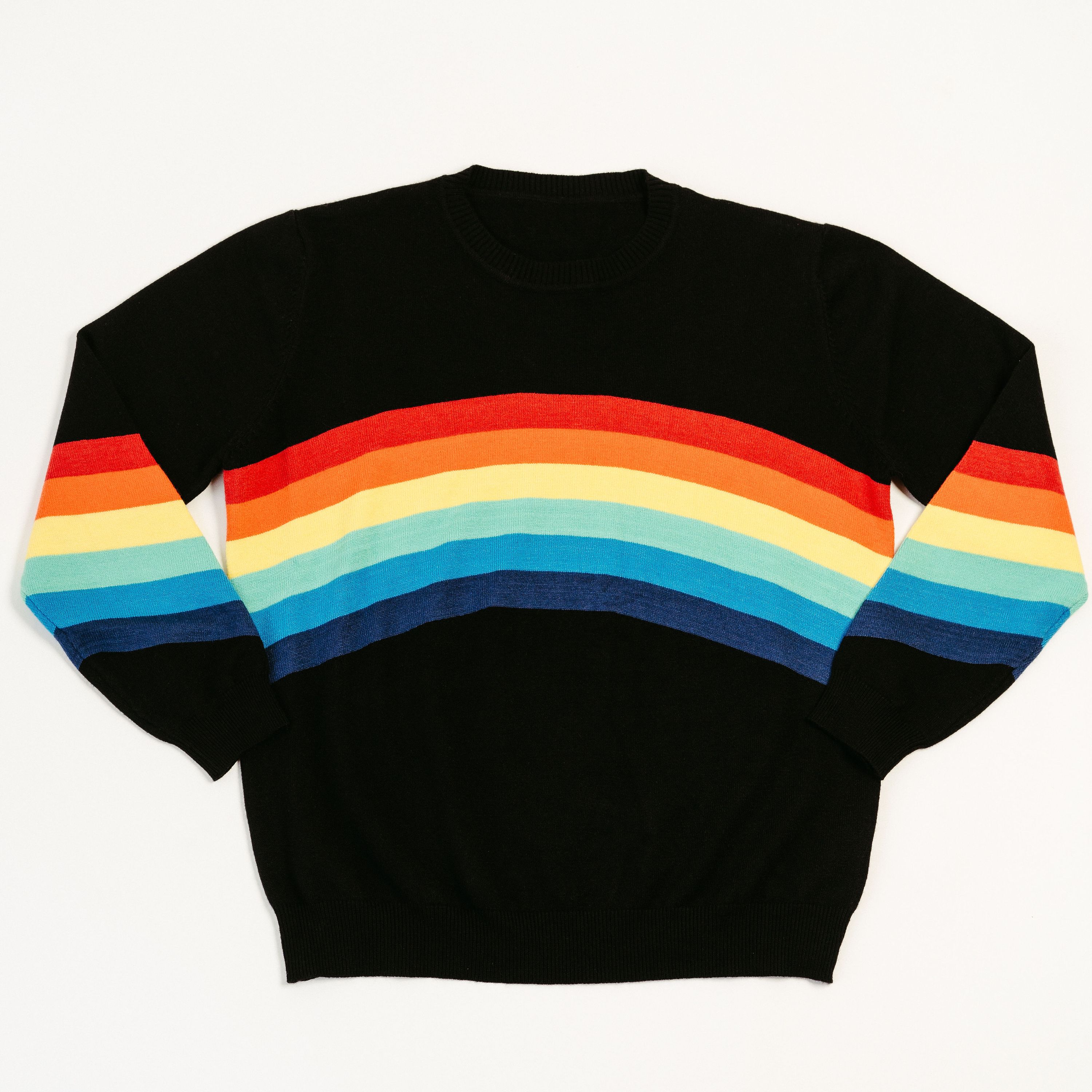 A stylish Black Rainbow Sweater featuring a soft fabric blend, perfect for winter layering and casual outings.