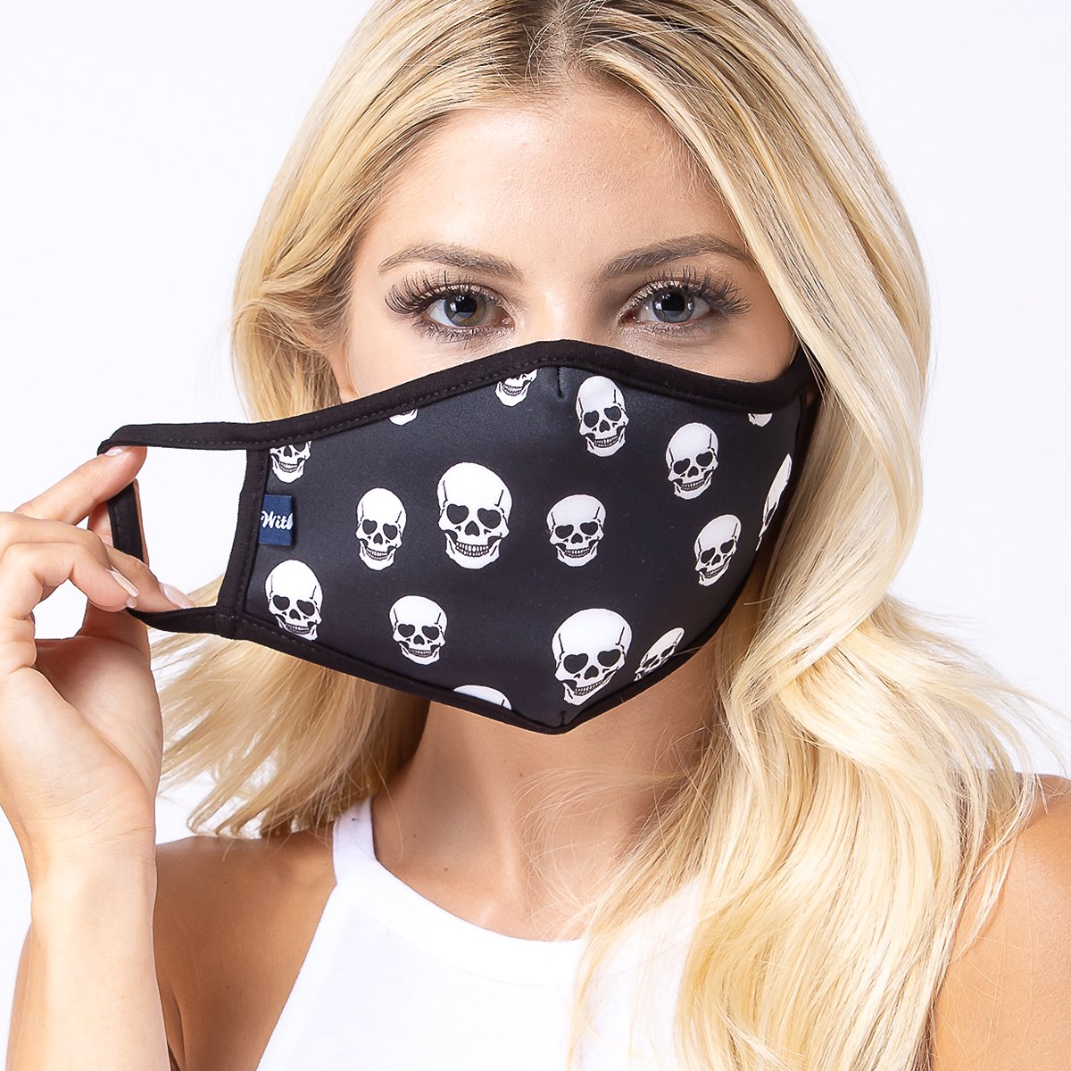 Black Skull 3-Layered Face Cover featuring a unique skull print design, made from polyester and cotton, suitable for unisex wear.