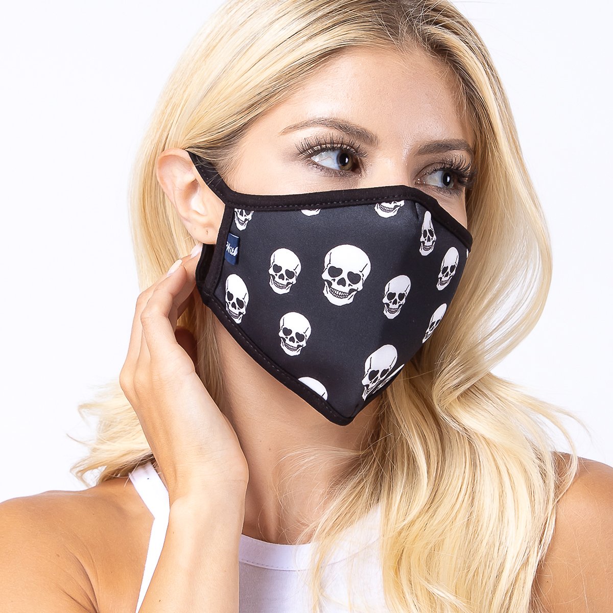 Black Skull 3-Layered Face Cover featuring a unique skull print design, made from polyester and cotton, suitable for unisex wear.