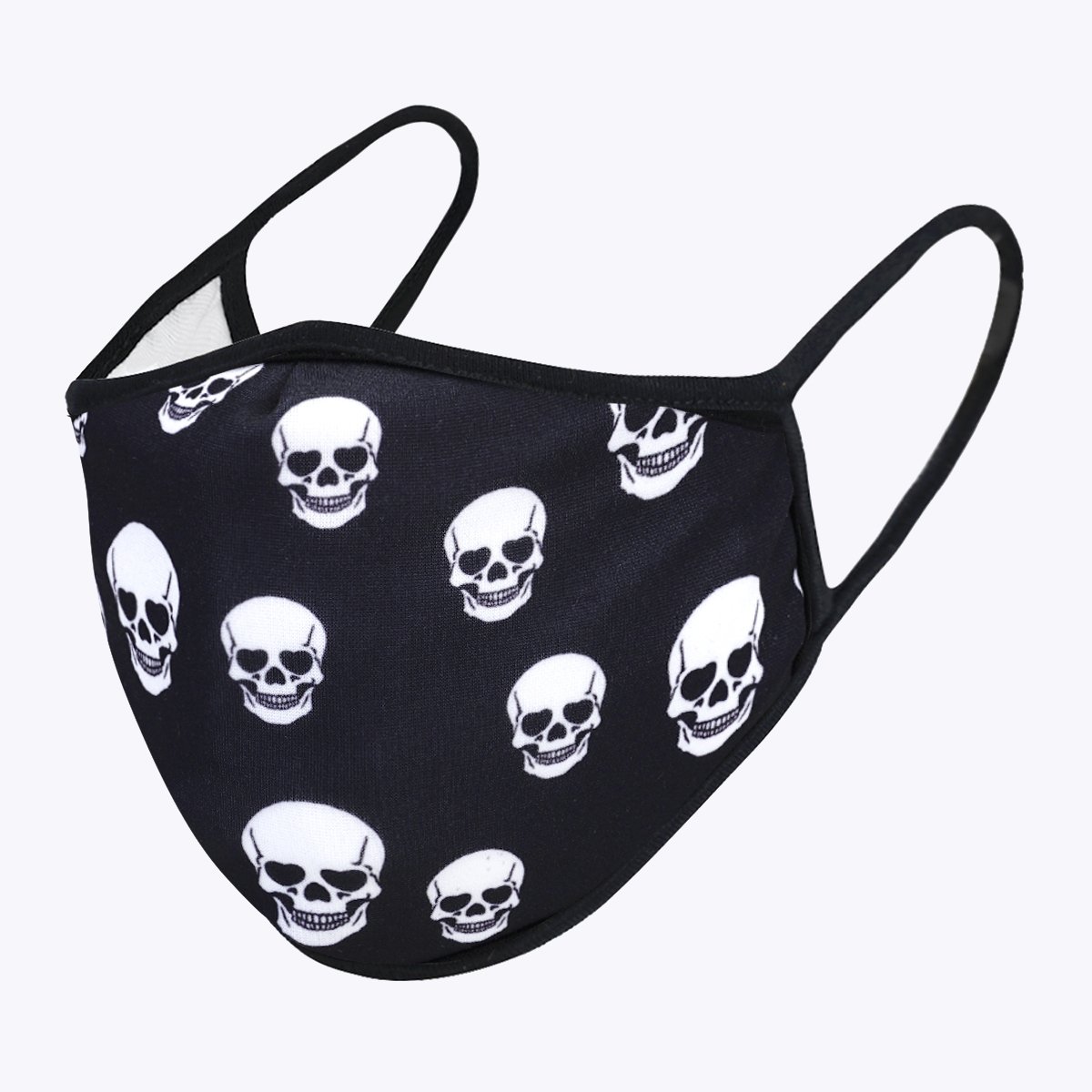 Black Skull 3-Layered Face Cover featuring a unique skull print design, made from polyester and cotton, suitable for unisex wear.