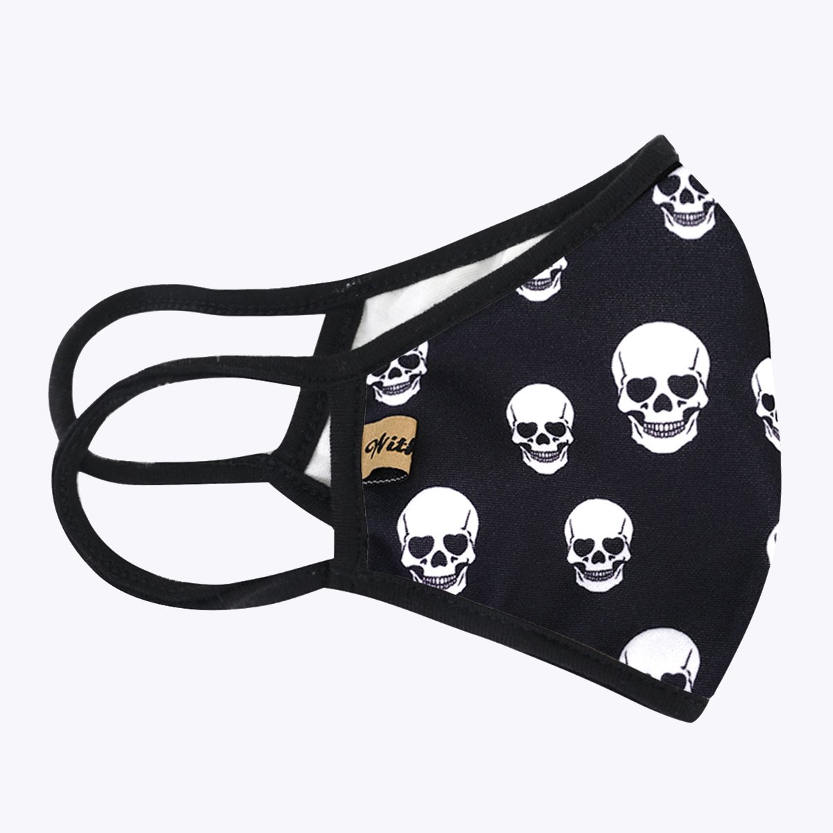 Black Skull 3-Layered Face Cover featuring a unique skull print design, made from polyester and cotton, suitable for unisex wear.