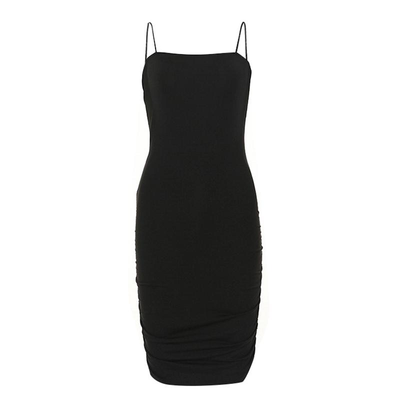 Black spaghetti strap bodycon mini dress for women, featuring a strapless neckline and above-knee length, perfect for clubbing and autumn outings.