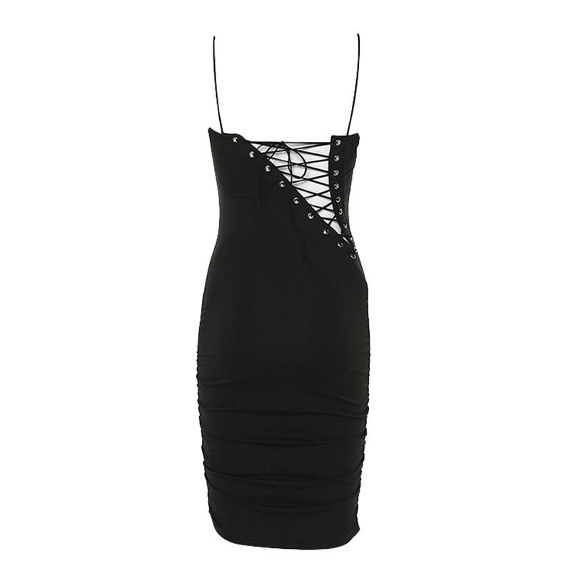 Black spaghetti strap bodycon mini dress for women, featuring a strapless neckline and above-knee length, perfect for clubbing and autumn outings.