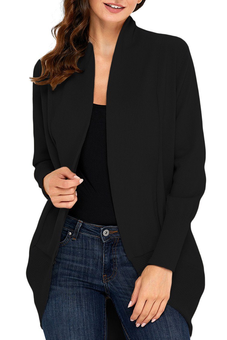 A stylish black super soft long sleeve open cardigan displayed on a mannequin, showcasing its lightweight fabric and open front design.